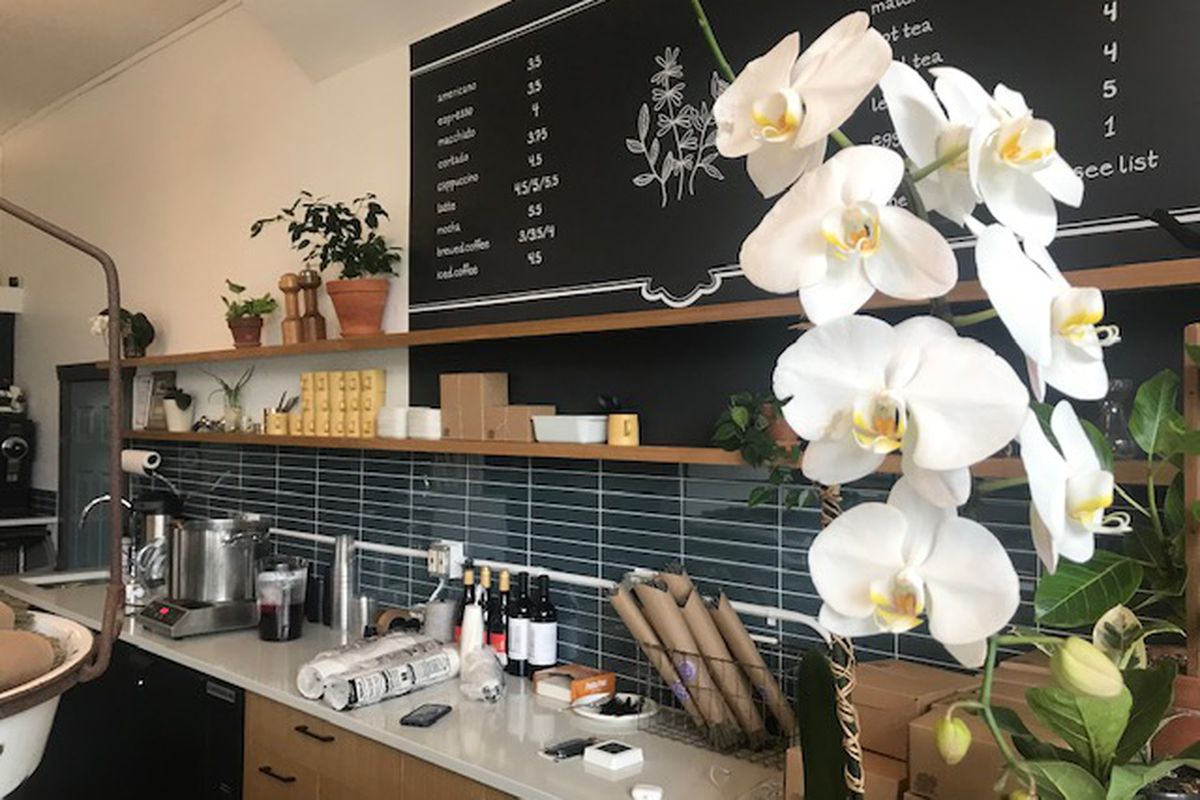 The blackboard coffee menu and counter at Volunteer Park Cafe with white flowers in the foreground.