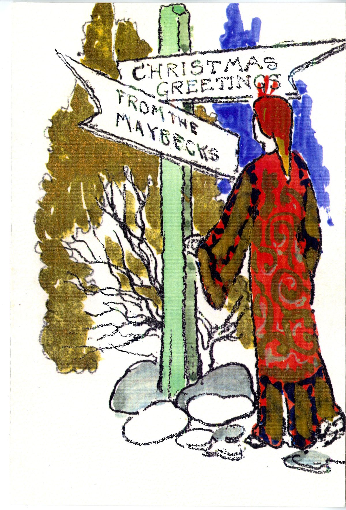 A Christmas card drawn by Bernard Maybeck shows an elaborately robed figure standing at a crossroads.