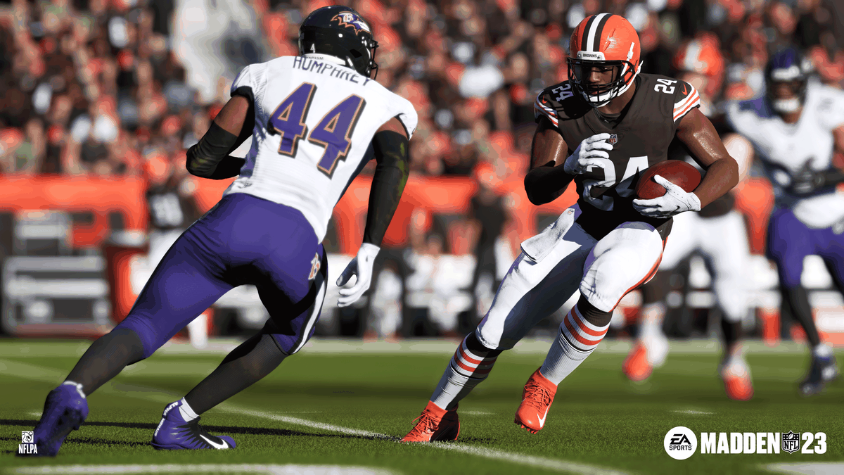 Nick Chubb of the Cleveland Browns carries the ball as he sidesteps the Ravens’ Marlon Humphreys in Madden NFL 23