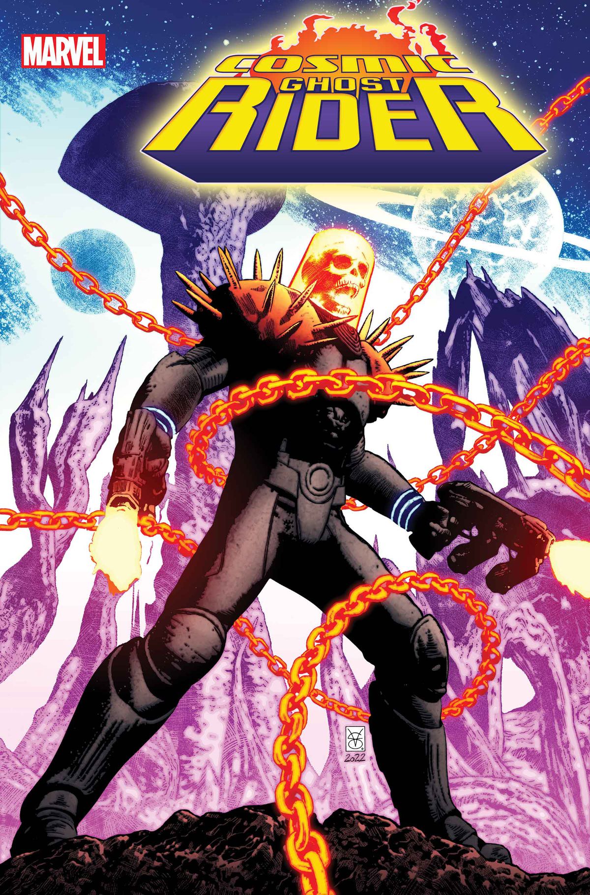 The Cosmic Ghost Rider fires his guns while chains envelop him on the cover of Cosmic Ghost Rider #1 (2023).