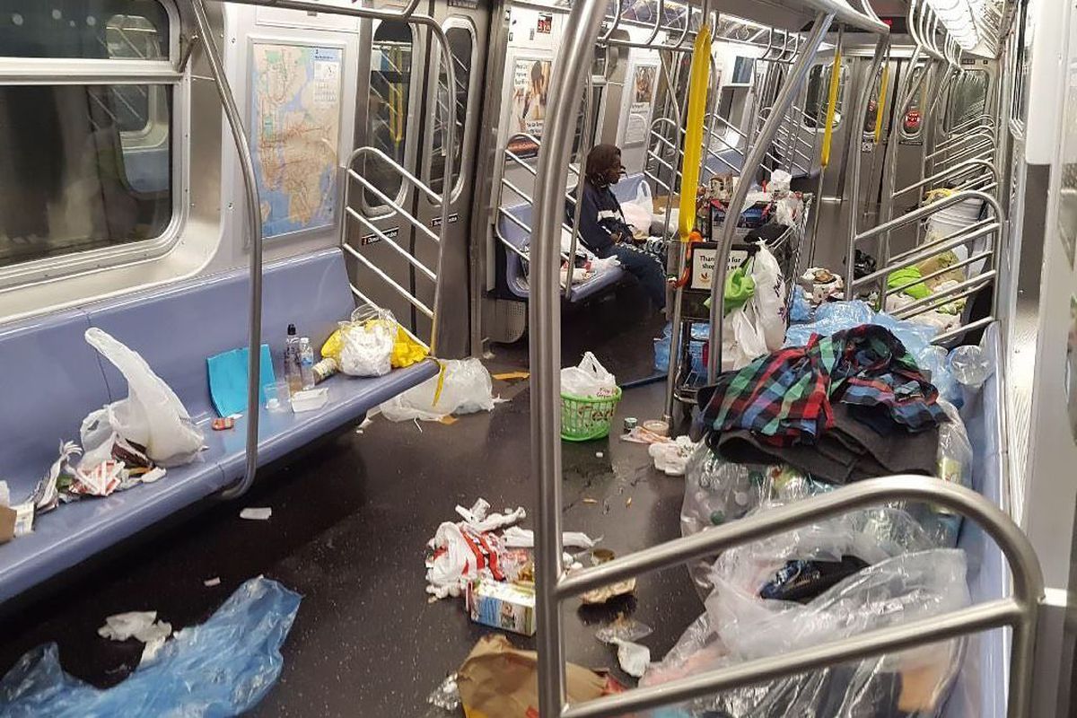 Trash on MTA subway car