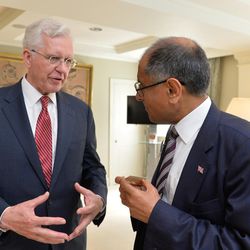 Elder D. Todd Christofferson of the LDS Church's Quorum of the Twelve Apostles, talks with an individual who attended his speech to the U.K. and Ireland chapter of the BYU J. Reuben Clark Law Society at Downing College in Cambridge, England, on Friday, Aug. 11, 2017.