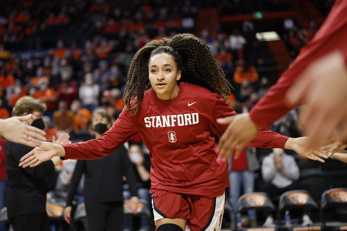 Haley Jones #30 of the Stanford Cardinal is introduced as part of the starting lineup before the game against the Oregon State Beavers at Gill Coliseum on February 18, 2022 in Corvallis, Oregon.