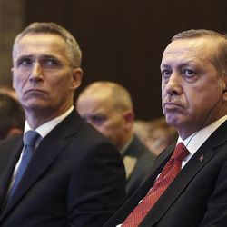 Turkey's President Recep Tayyip Erdogan, right, and NATO Secretary General Jens Stoltenberg attend a NATO parliamentary assembly meeting in Istanbul, Monday, Nov. 21, 2016. Erdogan has called on the United States and other nations to re-assess his country's proposal for the creation of a no-fly zone in northern Syria. Addressing the NATO meeting, Erdogan again criticized allies' reliance on Syrian Kurdish fighters to battle the Islamic State group. (Kayhan Ozer, Presidential Press Service, Pool photo via AP)