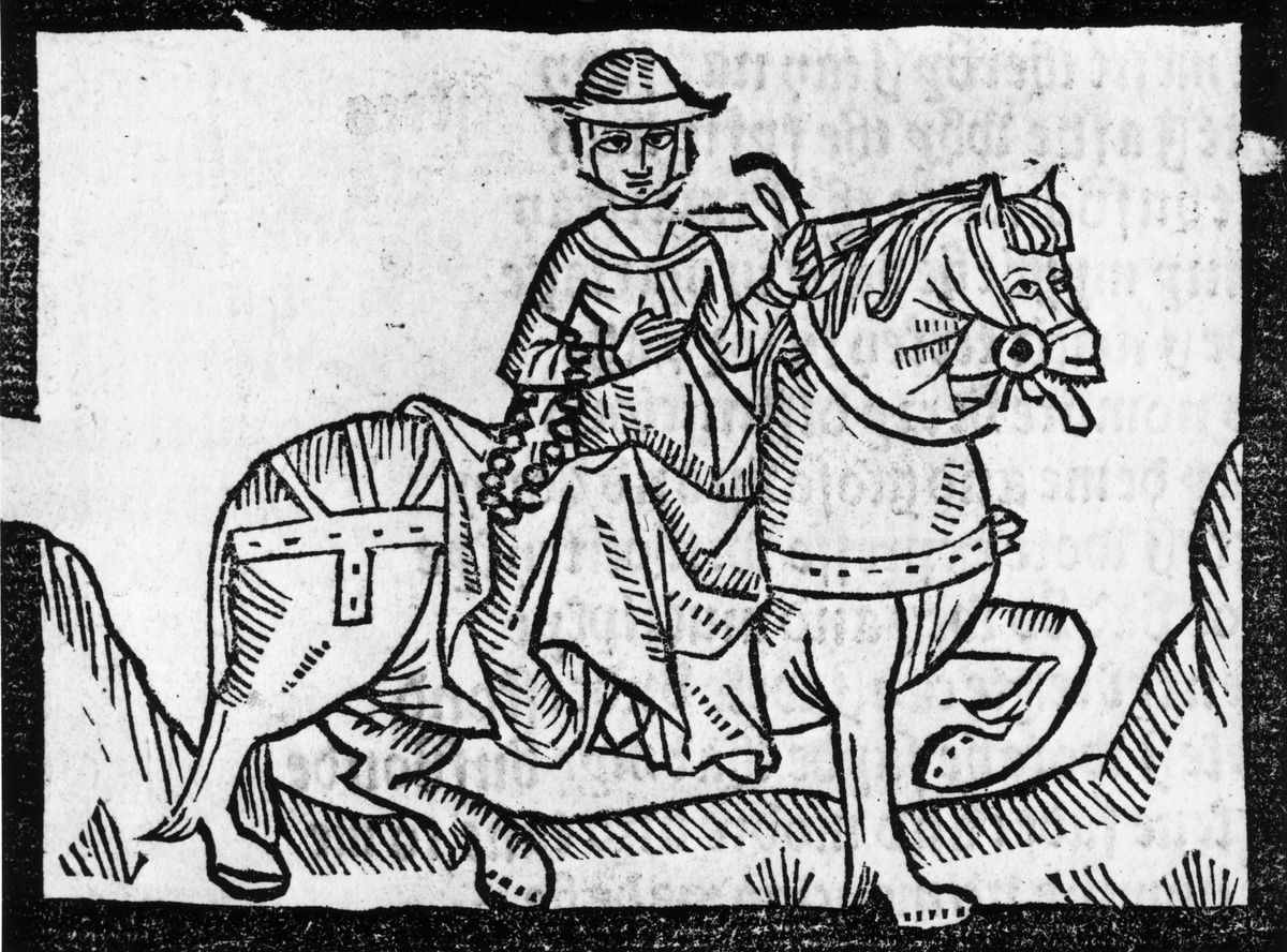 Chaucer’s Wife of Bath says: “In wine-filled women is no resistance / and lechers know this by experience.” Woodcut from a 1492 edition of the book.