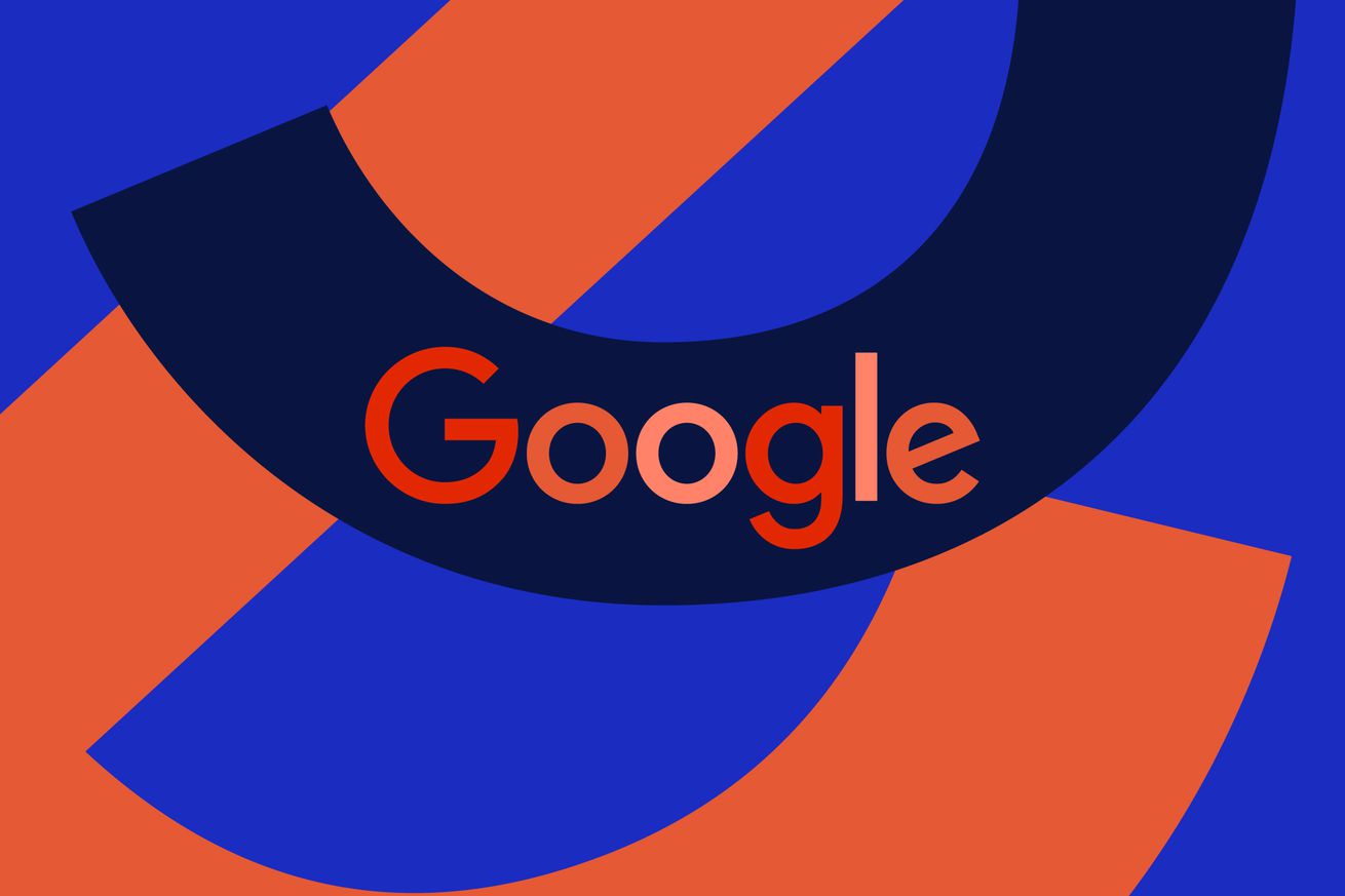 Illustration of Google’s word mark, written in red and pink, on a dark blue background.