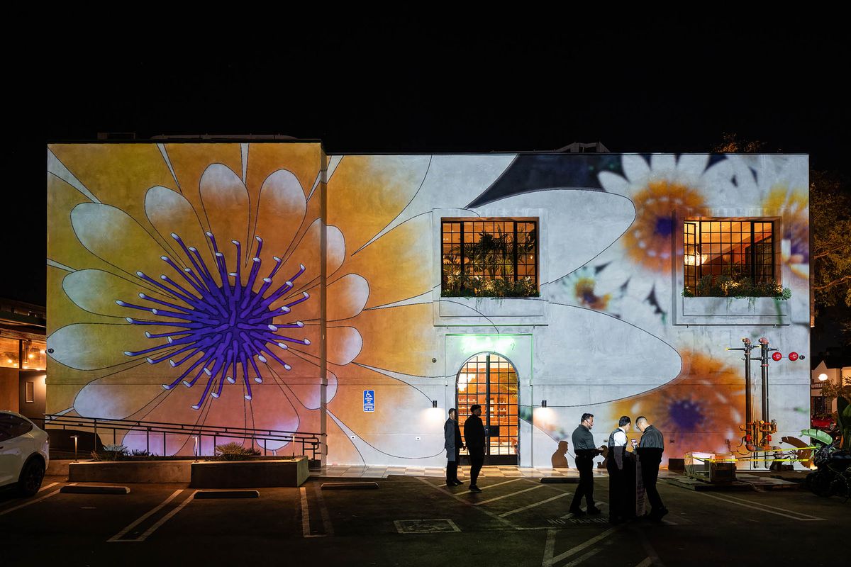 Animated flower projections at the entry at PleasureMed cannabis consumption lounge in West Hollywood.