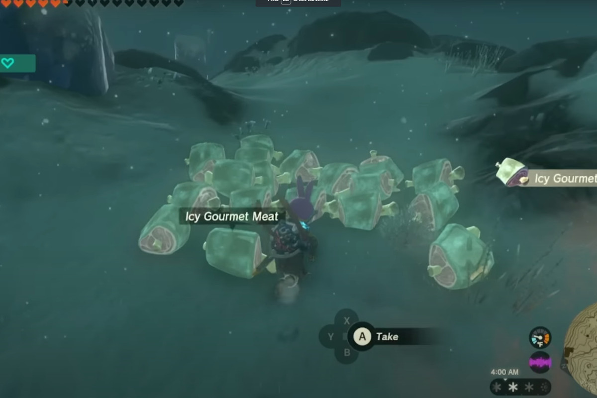 A screenshot of Legend of Zelda: Tears of the Kingdom showing Link amongst a pile of frozen meat.
