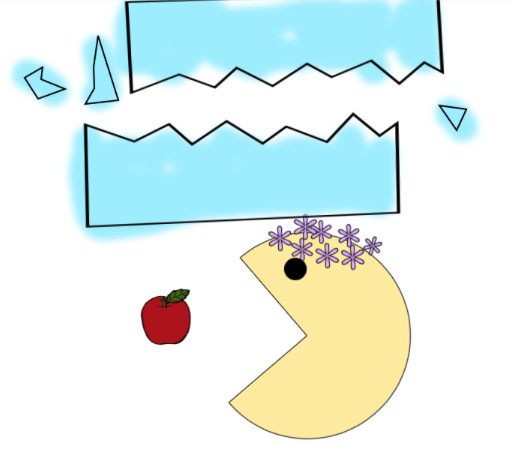 Ms. Pac-Man shatters a literal glass ceiling while wearing a flower crown and preparing to eat an apple power-up