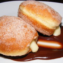 Berliners filled with Goldschlager cream and served with malted chocolate from The Marrow NYC by <a href="http://www.flickr.com/photos/37619222@N04/8390327615/in/pool-eater">The Food Doc</a>