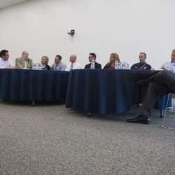 Participants take part in a roundtable concerning the opioid epidemic with Utah Attorney General Sean Reyes, seated on right, at the Jordan Academy for Technology & Careers South Campus in Riverton on Monday, May 21, 2018.