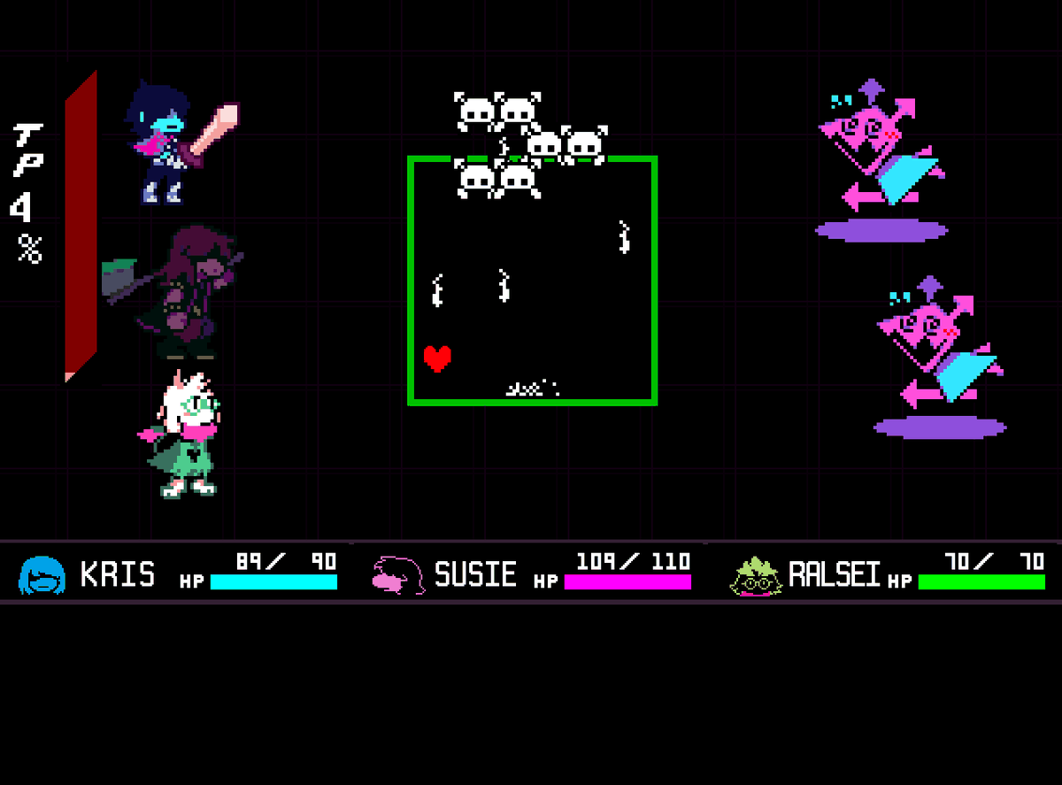 Kris, Ralsei, and Susie from Deltarune fight pop ups in a battle