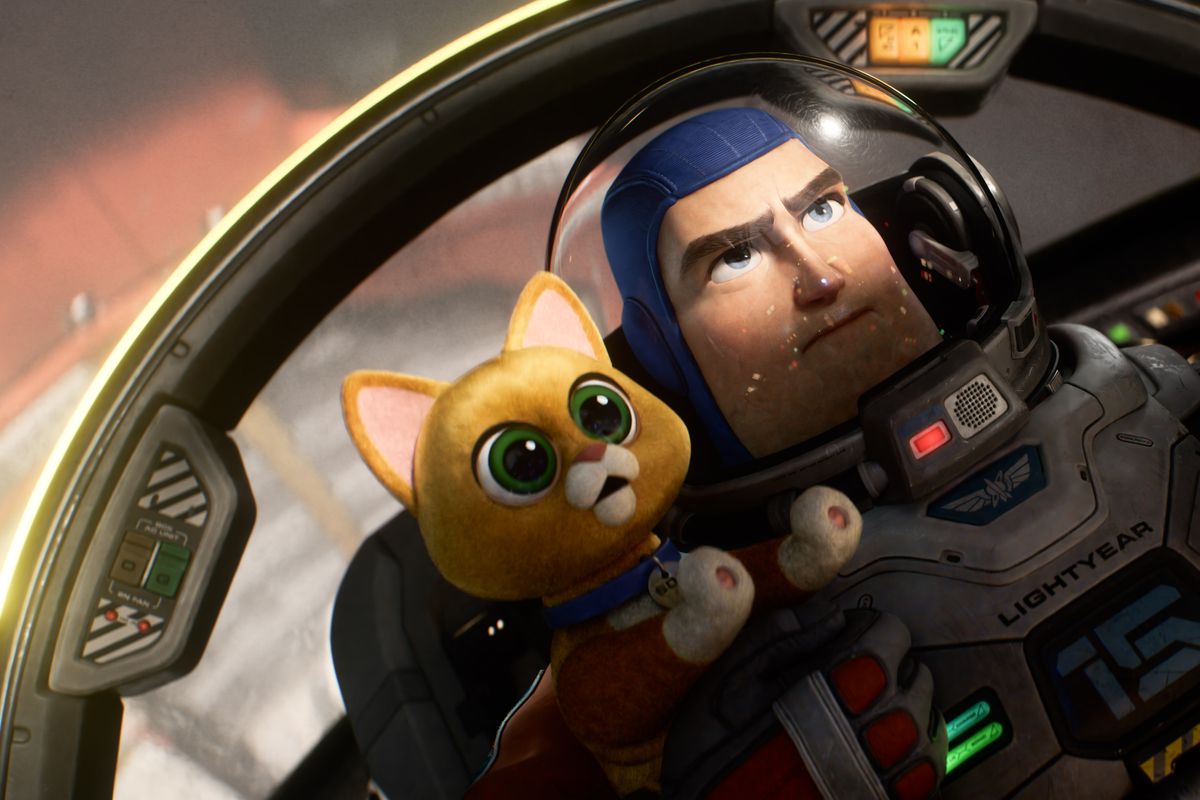 buzz lightyear flying a ship, with an orange cat robot on his shoulder
