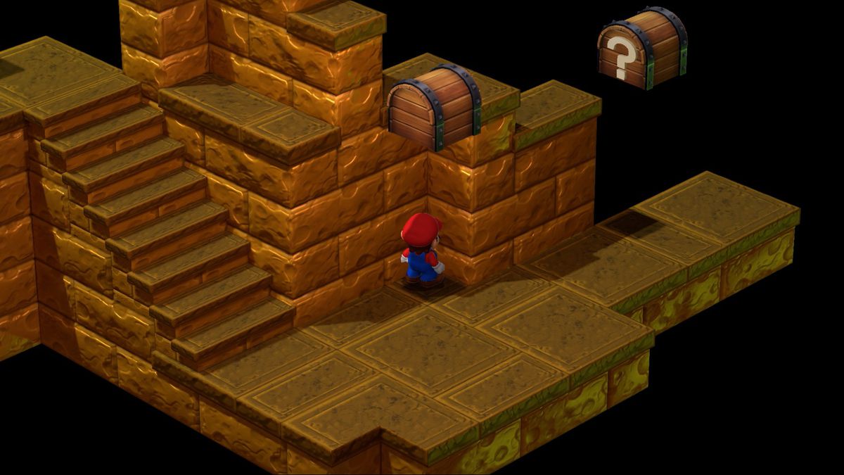 Mario stands in a corner against a wall in Belome’s Temple in Super Mario RPG.