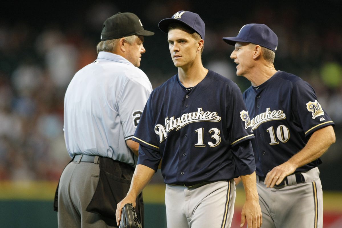 July 7, 2012; Houston, TX, USA; Milwaukee Brewers starting pitcher Zack Greinke (13) leaves the field after being ejected against the Houston Astros in the first inning at Minute Maid Park. Mandatory Credit: Brett Davis-US PRESSWIRE