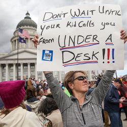 Lynn Barck, of Park City, gathers with other protesters for the "March for Our Lives" rally at the state Capitol in Salt Lake City on Saturday, March 24, 2018. Thousands of protesters marched from West High School to the state Capitol to advocate for stricter gun control laws.