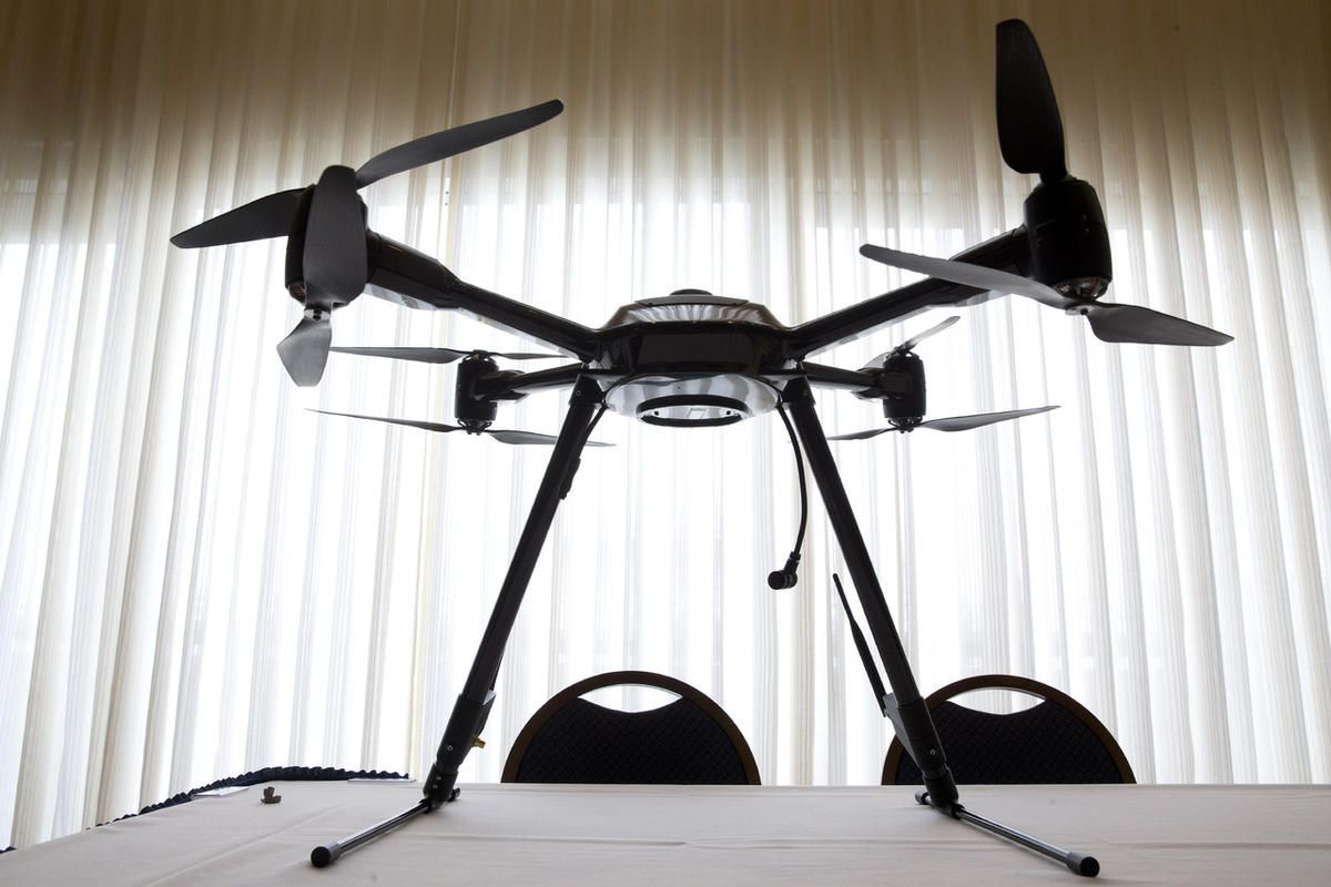 In this Jan. 20, 2015 file photo, the Aerialtronics Altura Zenith drone is seen at an event at the National Press Club in Washington.  