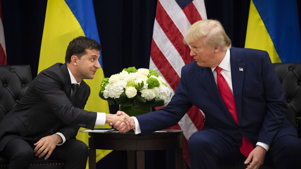 Donald Trump and Ukrainian President Volodymyr Zelensky shake hands during a meeting in New York on September 25, 2019, on the sidelines of the United Nations General Assembly.