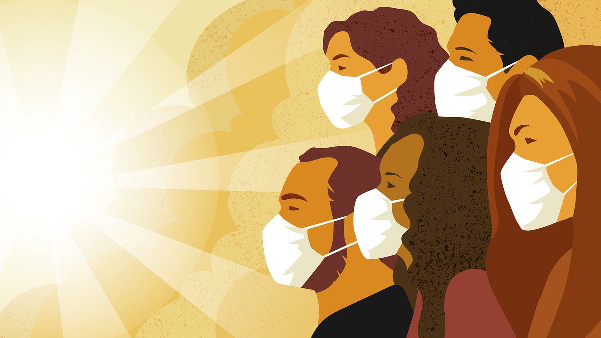 An illustration of people in breathing masks facing a shining sun.
