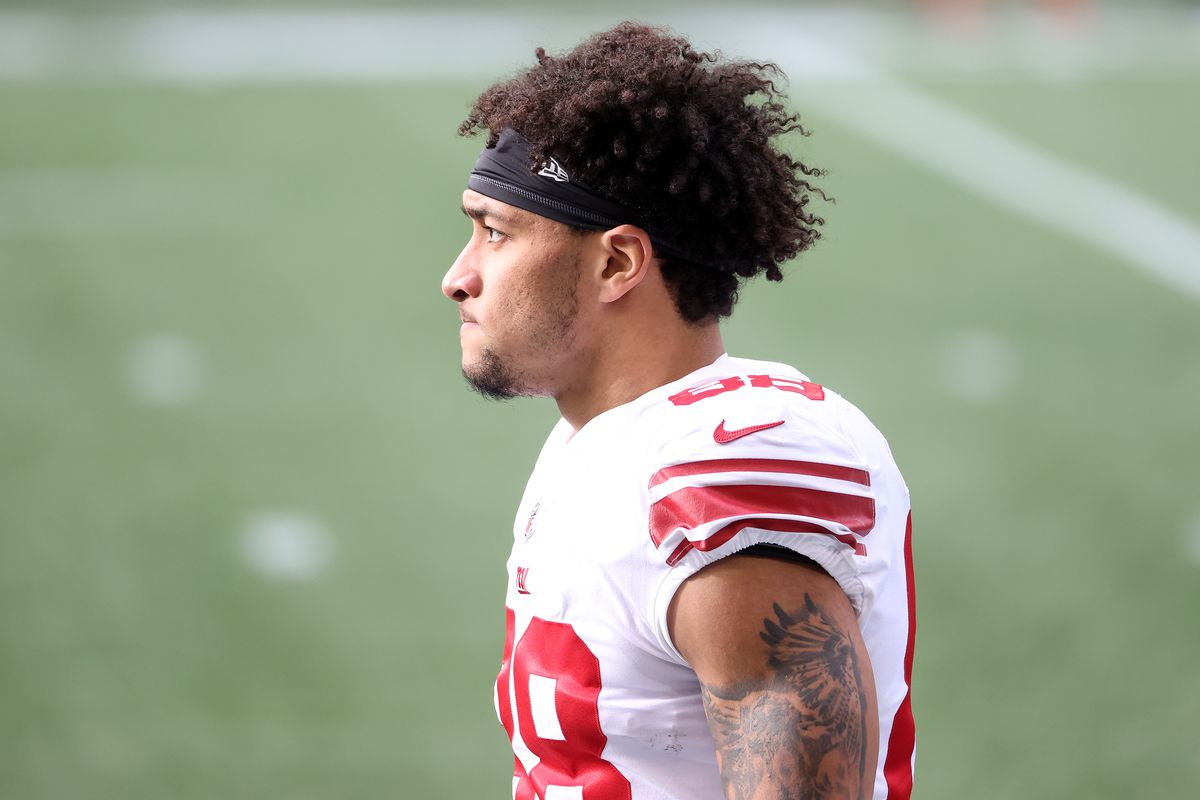 Evan Engram #88 of the New York Giants looks on before their game against the Seattle Seahawks at Lumen Field on December 06, 2020 in Seattle, Washington.