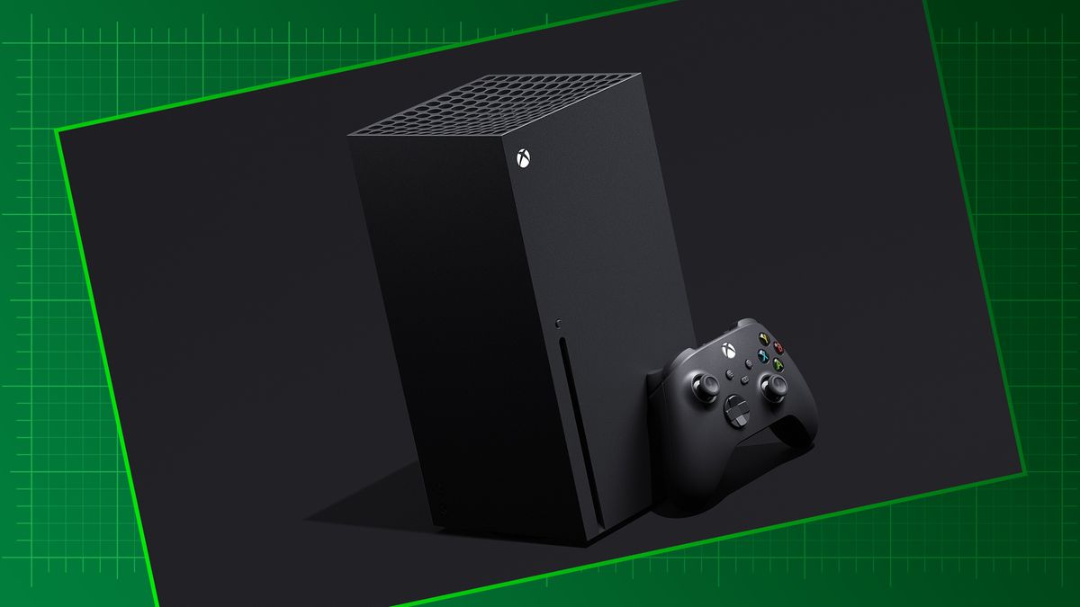 Xbox Series X console and controller on a graduated green graphic background