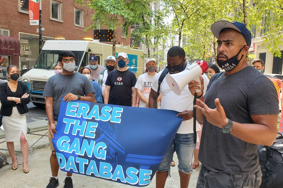 Members of the Grassroots Advocates for Neighborhood Groups &amp; Solutions coalition protest outside of the NYPD’s inspector general’s office in Lower Manhattan, July 27, 2021.