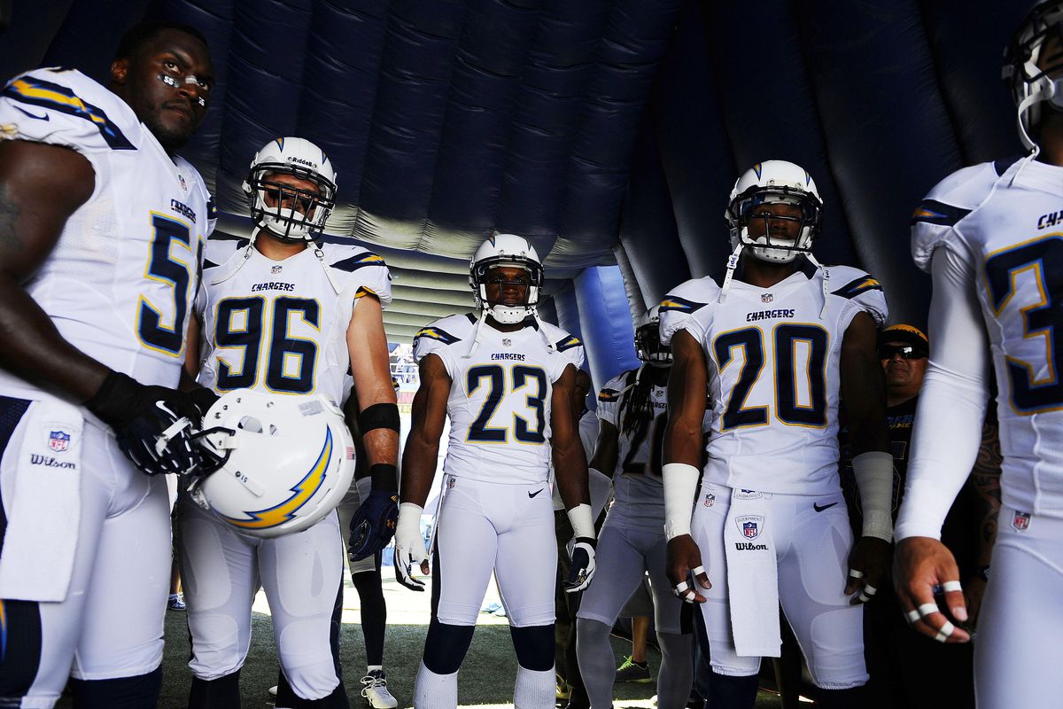 September 16, 2012; San Diego, CA, USA; San Diego Chargers defensive players wait during player introductions prior to the game against the Tennessee Titans at Qualcomm Stadium. Mandatory Credit: Christopher Hanewinckel-US PRESSWIRE