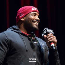 Yoel Romero answers a question at UFC 225 open workouts.