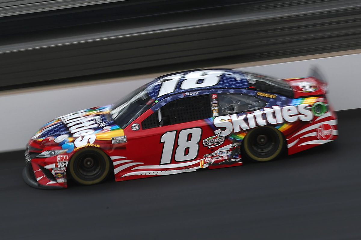 Kyle Busch, driver of the #18 Skittles Red White &amp; Blue Toyota, drives during the NASCAR Cup Series Big Machine Hand Sanitizer 400 Powered by Big Machine Records at Indianapolis Motor Speedway on July 05, 2020 in Indianapolis, Indiana.