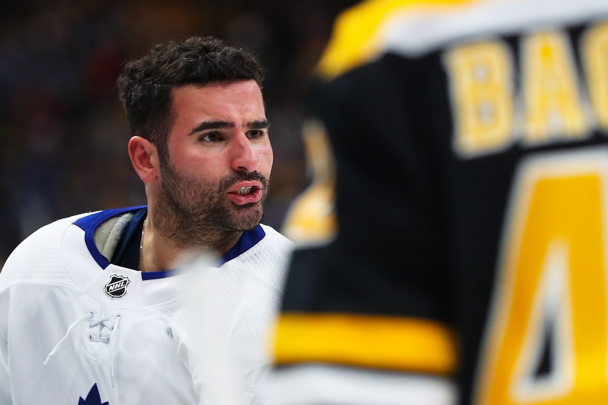 BOSTON, MA - APRIL 13: Nazem Kadri #43 of the Toronto Maple Leafs reacts after a fight with Jake DeBrusk #74 of the Boston Bruins in Game Two of the Eastern Conference First Round during the 2019 NHL Stanley Cup Playoffs at TD Garden on April 13, 2019 in 