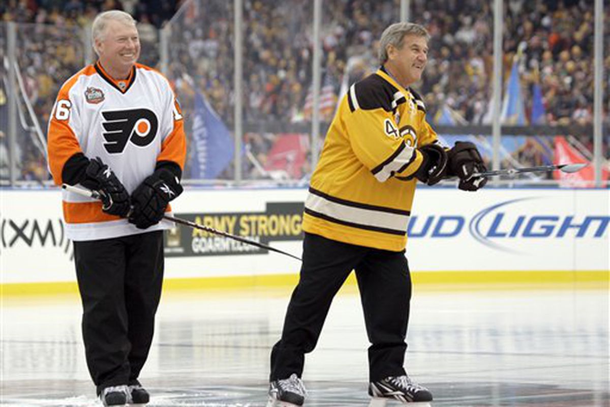 Bob Clarke, seen here with Bruins legend Bobby Orr at the Winter Classic on New Year's Day.