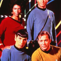 The original cast of Star Trek. Nichelle Nichols as Uhura, back left, DeForest Kelley as Dr. McCoy; Leonard Nimoy as Mr. Spock, front left; WIlliam Shatner as Captain James T. Kirk.