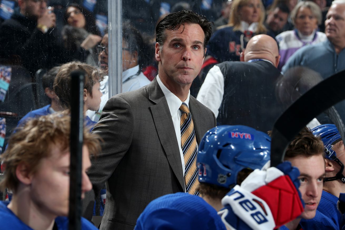 Head coach David Quinn of the New York Rangers looks on from the bench against the Detroit Red Wings at Madison Square Garden on March 19, 2019 in New York City.