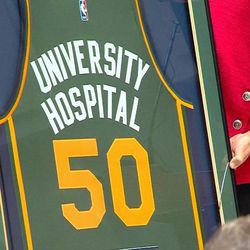 University Hospital in Salt Lake City is marking its 50th anniversary. During the 50th birthday celebration, the hospital was presented with a special Utah Jazz jersey.