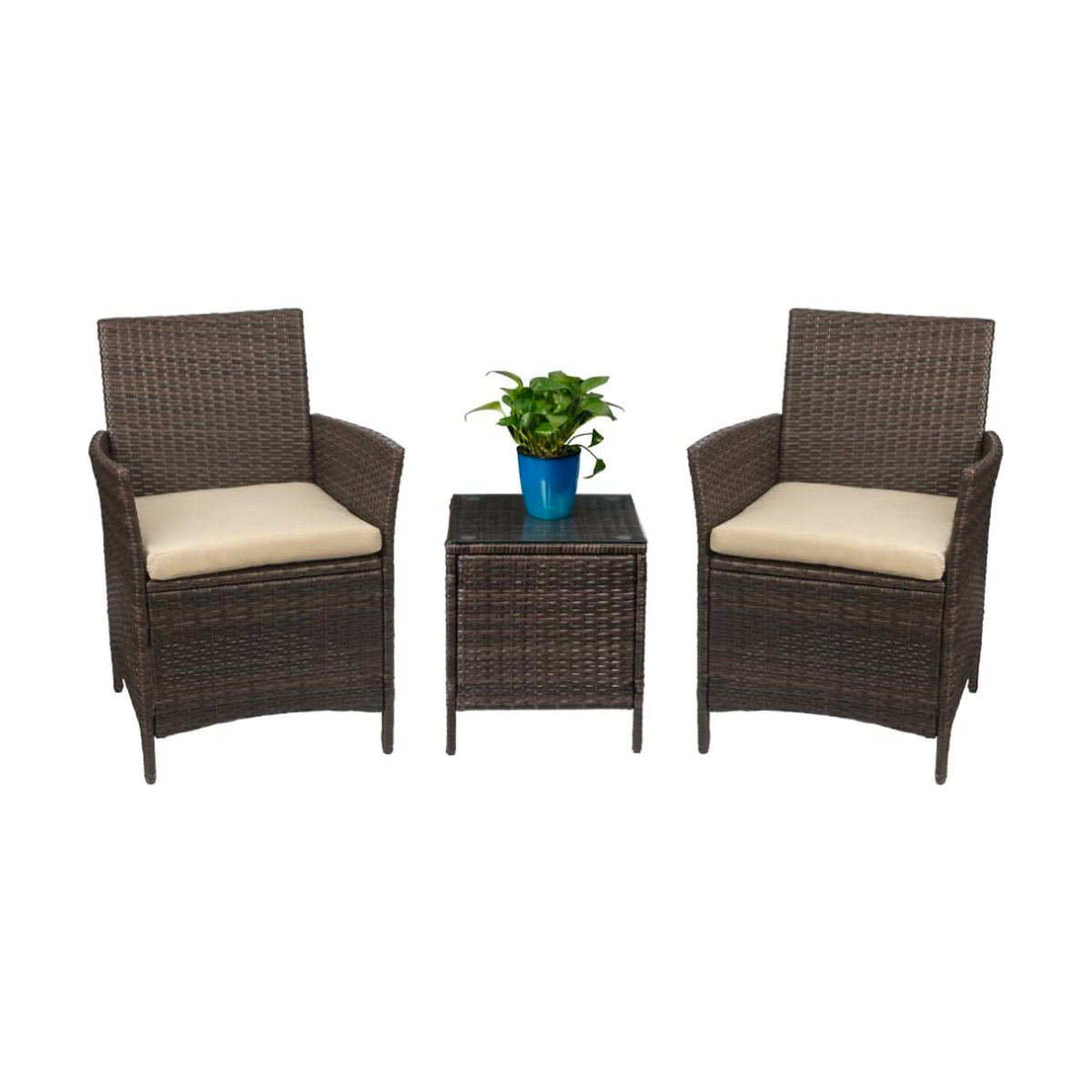 Devoko outdoor rattan chair set with table in brown and tan colors