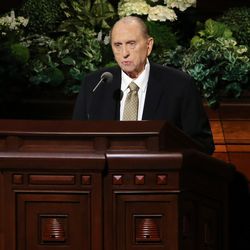 President Thomas S. Monson announces five new temples as he speaks in the Conference Center in Salt Lake City during the  morning session of the LDS Church’s 187th Annual General Conference on Sunday, April 2, 2017.