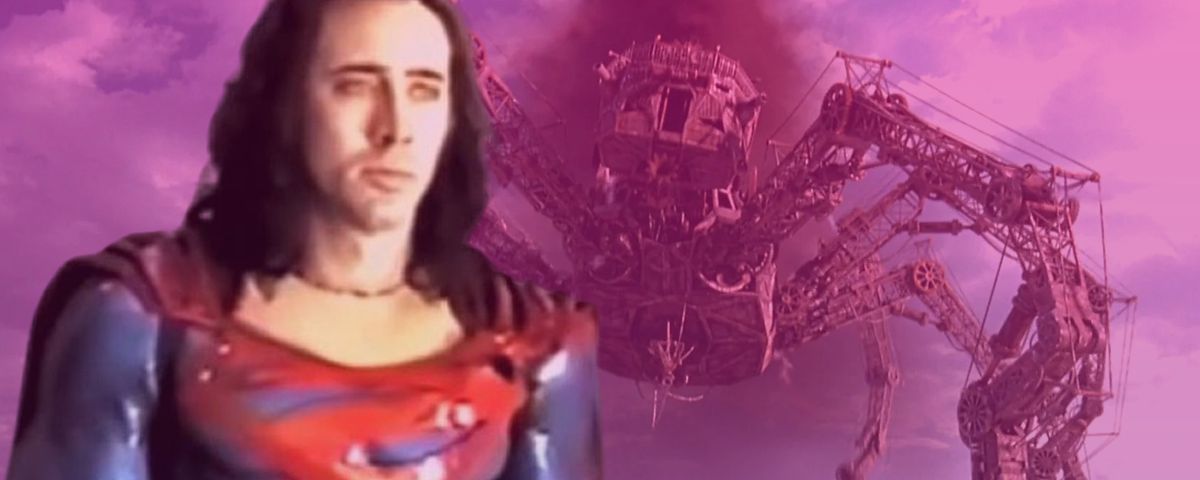 Nic Cage with long hair standing in a shoddy Superman costume in front of a giant mechanical spider