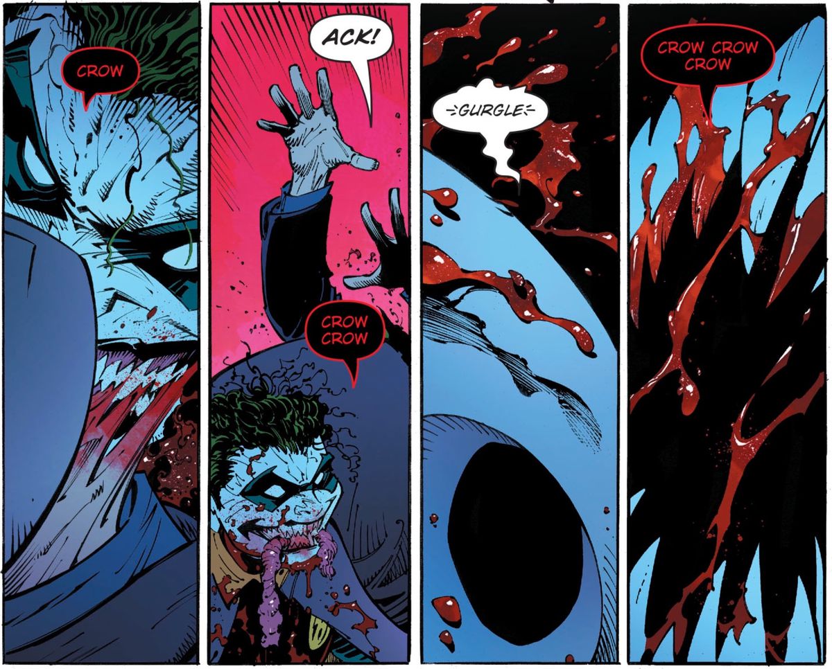 The Batman Who Laughs’ Robins, chanting ‘crow’ as they devour members of the Court of the Owls.