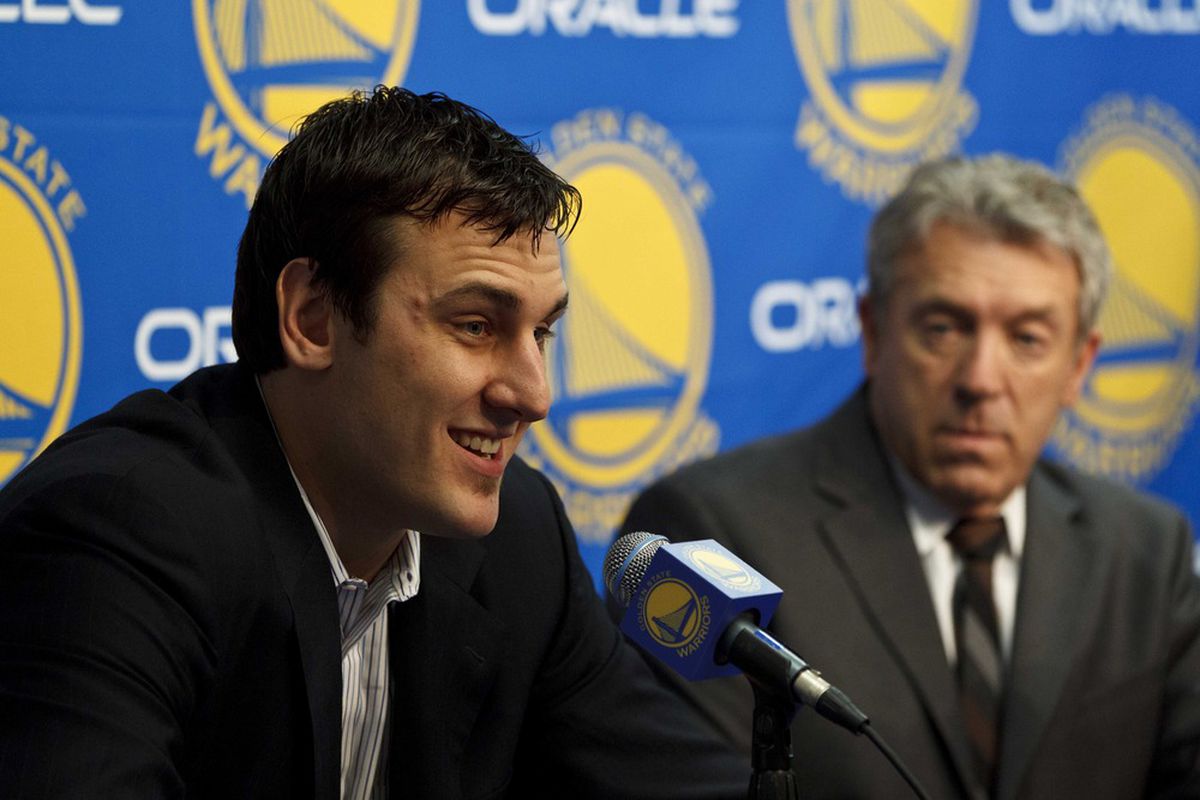 Mar 16, 2012; Oakland, CA, USA; Golden State Warriors center Andrew Bogut talks during an introductory press conference before the game against the Milwaukee Bucks at Oracle Arena. <em>Photo by Jason O. Watson-US PRESSWIRE</em>