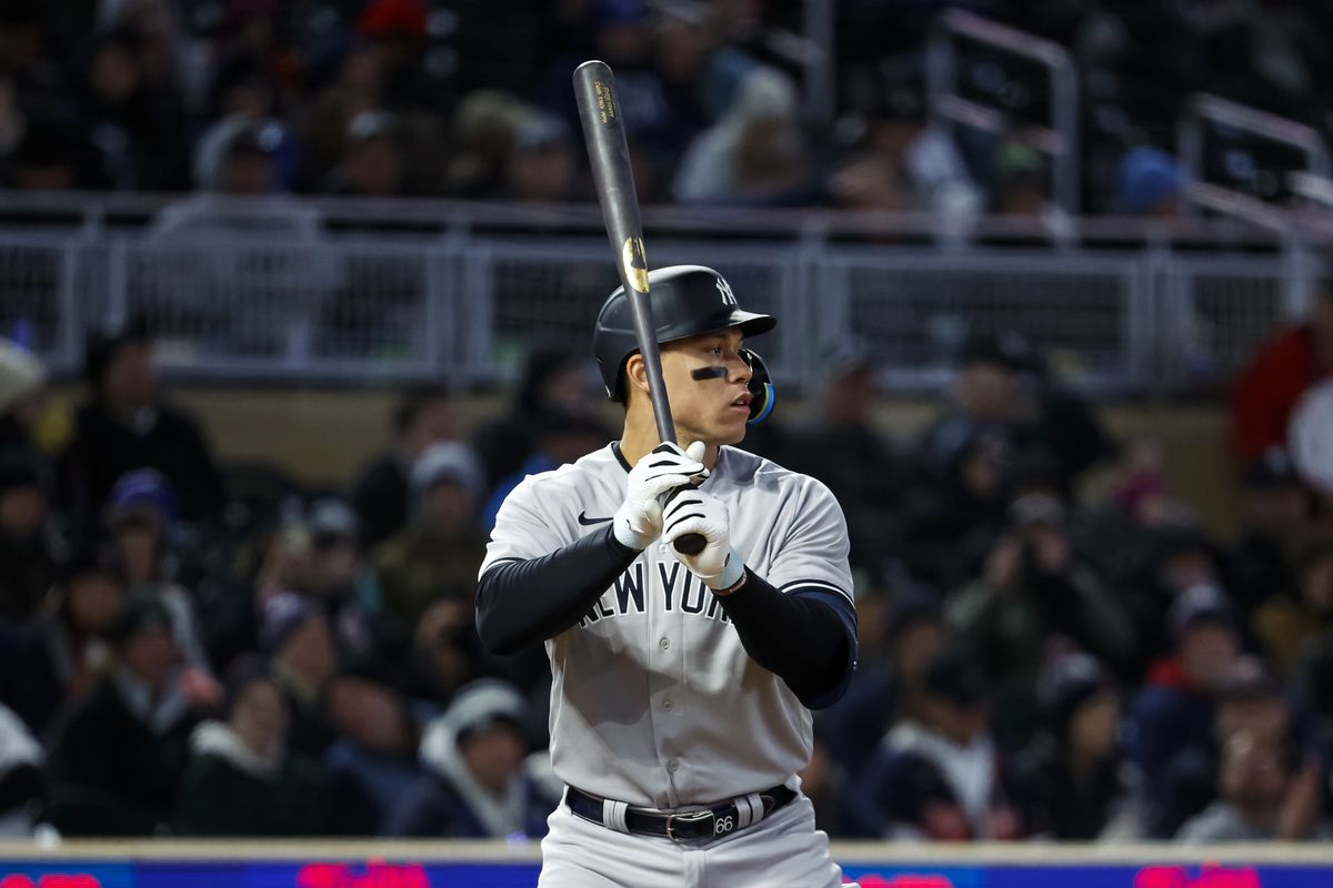Aaron Judge of the New York Yankees takes an at-bat against the Minnesota Twins in the sixth inning of the game at Target Field on April 24, 2023 in Minneapolis, Minnesota. The Twins defeated the Yankees 6-1.