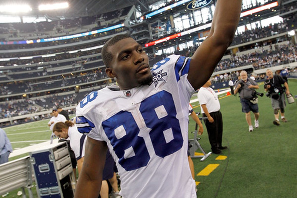 ARLINGTON TX - NOVEMBER 21:  Wide receiver Dez Bryant #88 of the Dallas Cowboys celebrates after the Cowboys beat the Detroit Lions 35-19 at Cowboys Stadium on November 21 2010 in Arlington Texas.  (Photo by Tom Pennington/Getty Images)