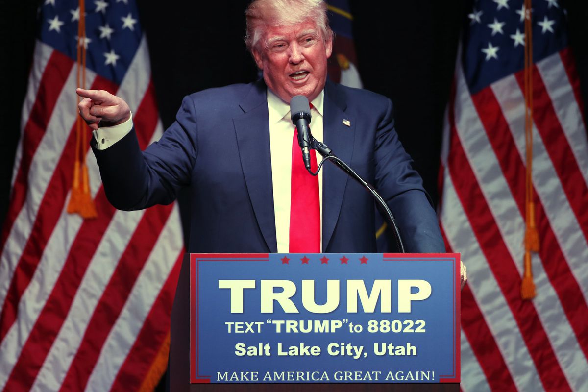 Donald Trump speaks at a campaign rally in Salt Lake City, Utah before the Republican Utah caucuses in March