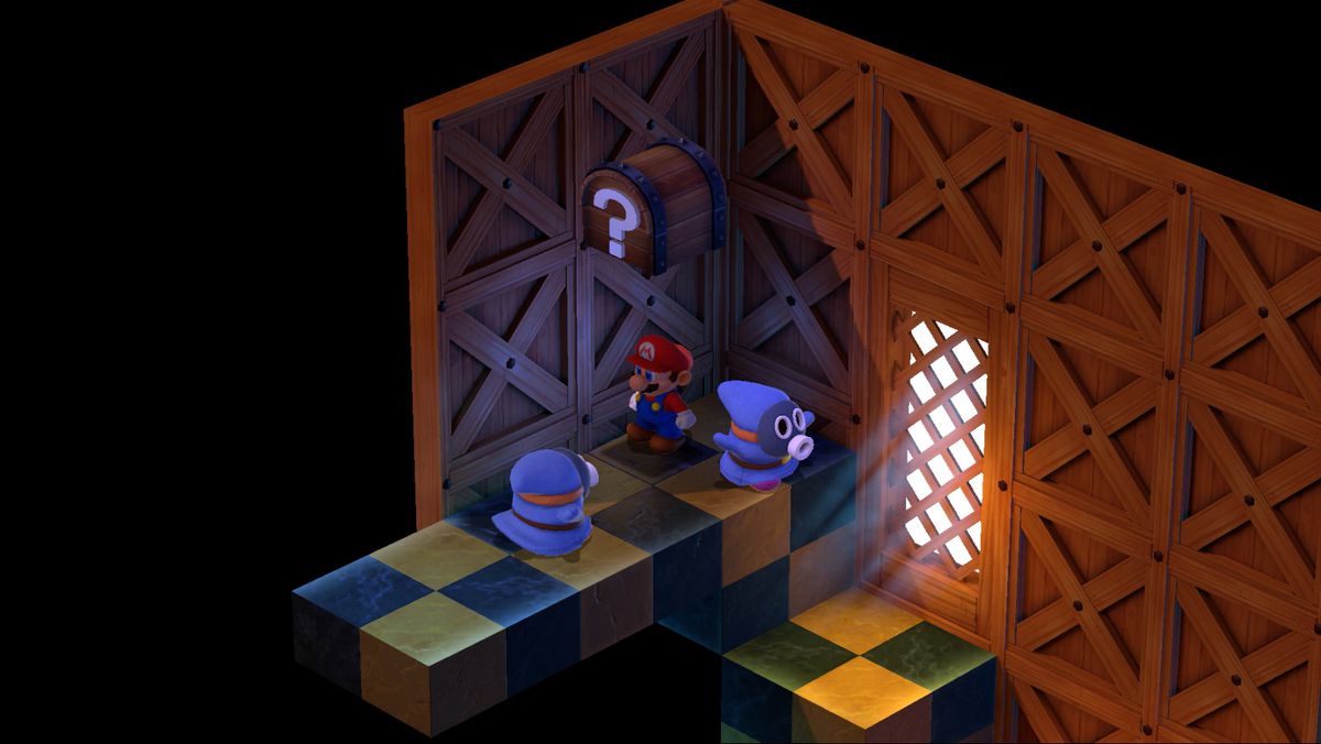 Mario skillfully avoids Sniffits while standing in a corner of Booster Tower in Super Mario RPG.
