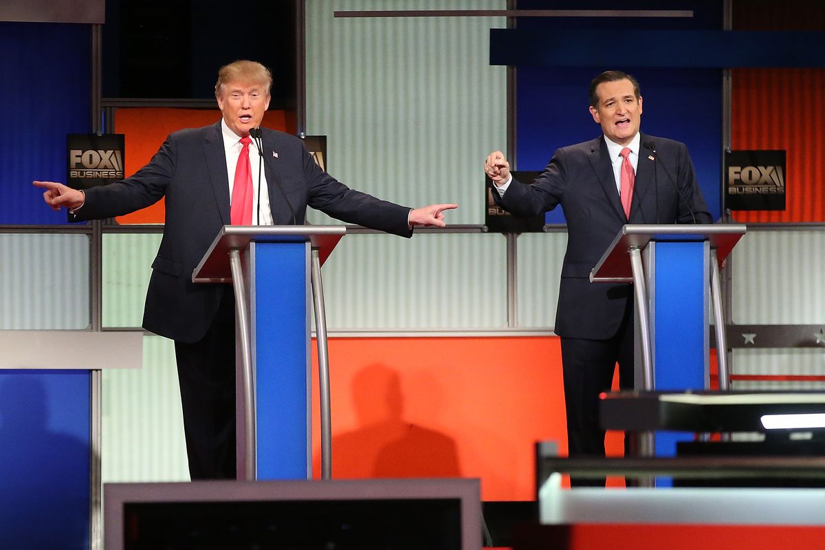 Republican presidential candidates Donald Trump (L) and Sen. Ted Cruz participate in the Fox Business Network Republican presidential debate in North Charleston.