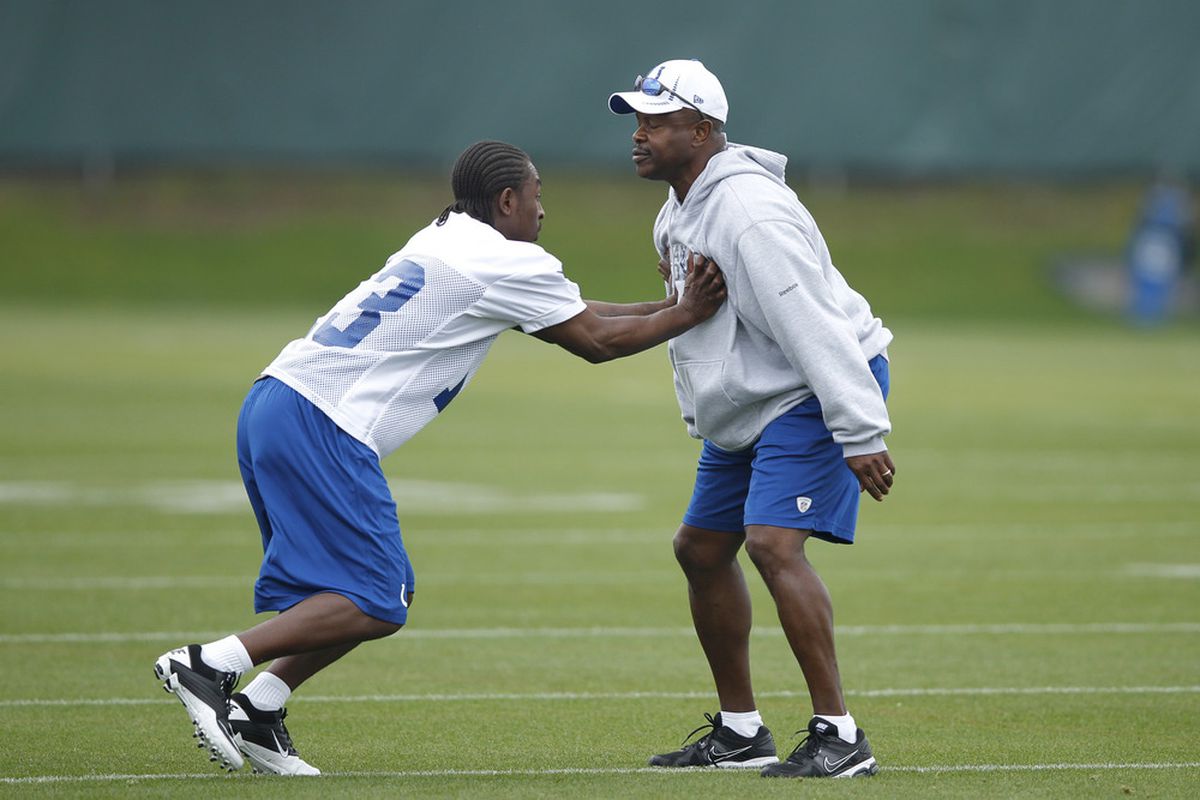 INDIANAPOLIS, IN - MAY 4: T.Y. Hilton #13 of the Indianapolis Colts works with wide receivers coach Charlie Williams during a rookie minicamp at the team facility on May 4, 2012 in Indianapolis, Indiana. (Photo by Joe Robbins/Getty Images)