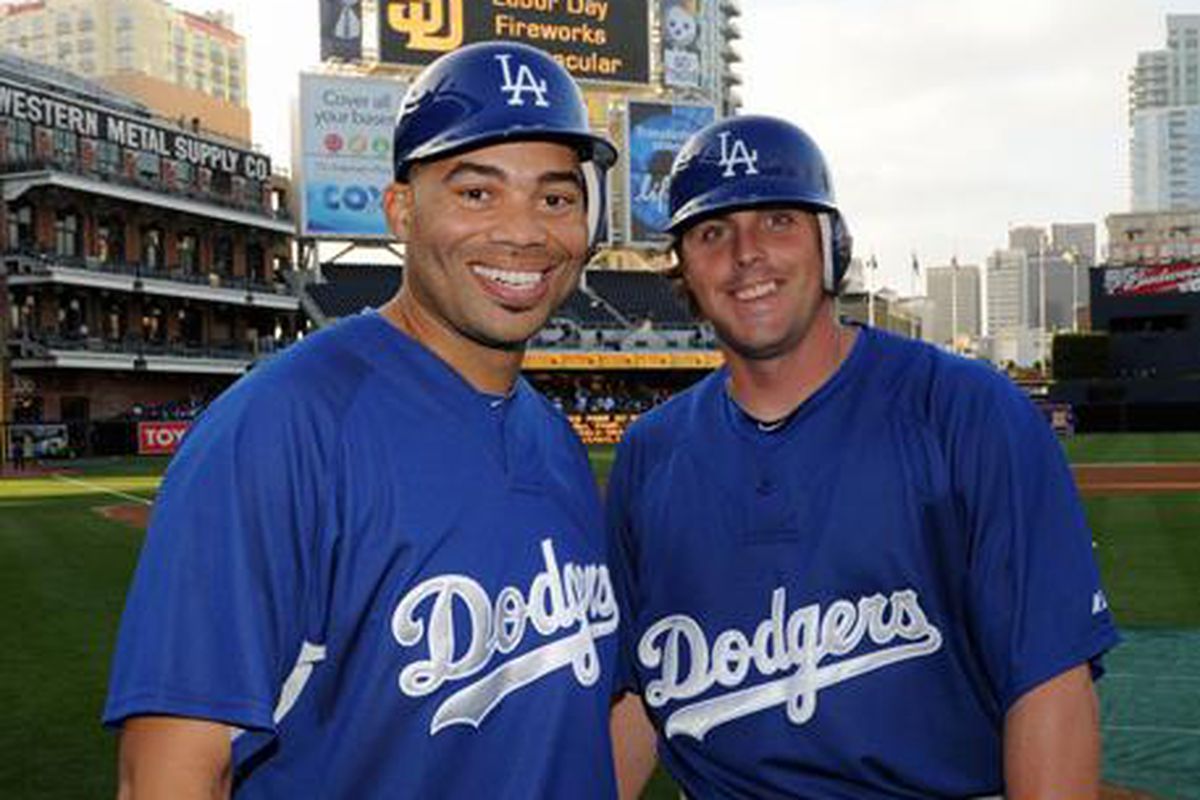 While John Lindsey (left) has gained most of the attention, and rightfully so, Russell Mitchell is also on his first major league team. Mitchell makes his MLB debut tonight, at first base (<em>Photo: Jon SooHoo | LA Dodgers</em>)