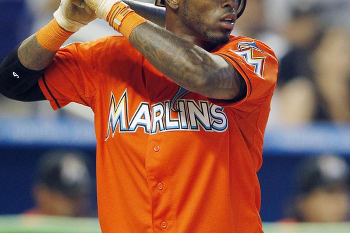 April 1, 2012; Miami, FL, USA;  Miami Marlins shortstop Jose Reyes (7) at bat in a game against the New York Yankees at Marlins Park. Mandatory Credit: Robert Mayer-US PRESSWIRE