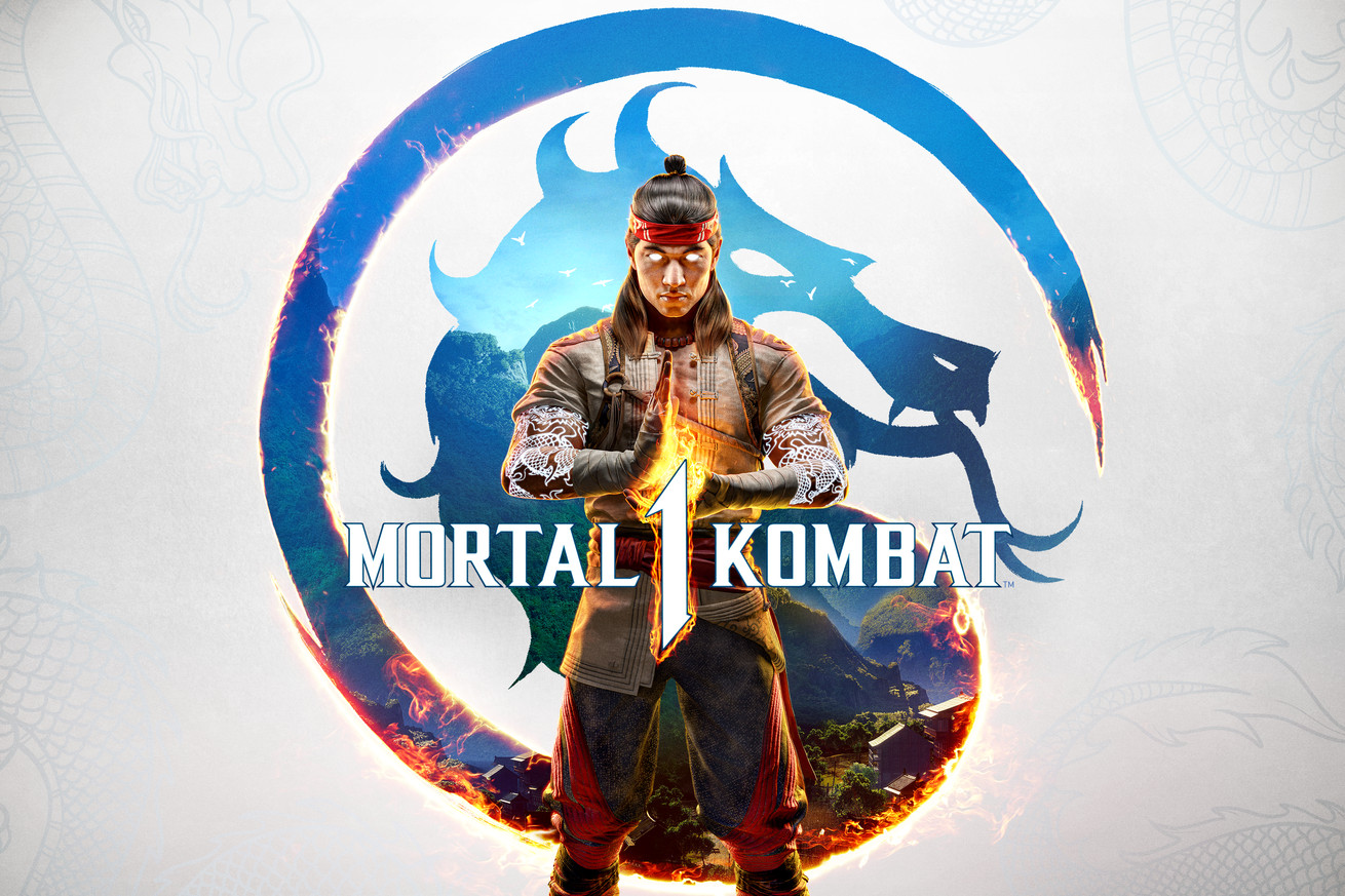Graphic from Mortal Kombat 1 featuring Fire God Liu Kang standing in front of the Mortal Kombat flaming dragon symbol with Mortal 1 Kombat in words in front of him