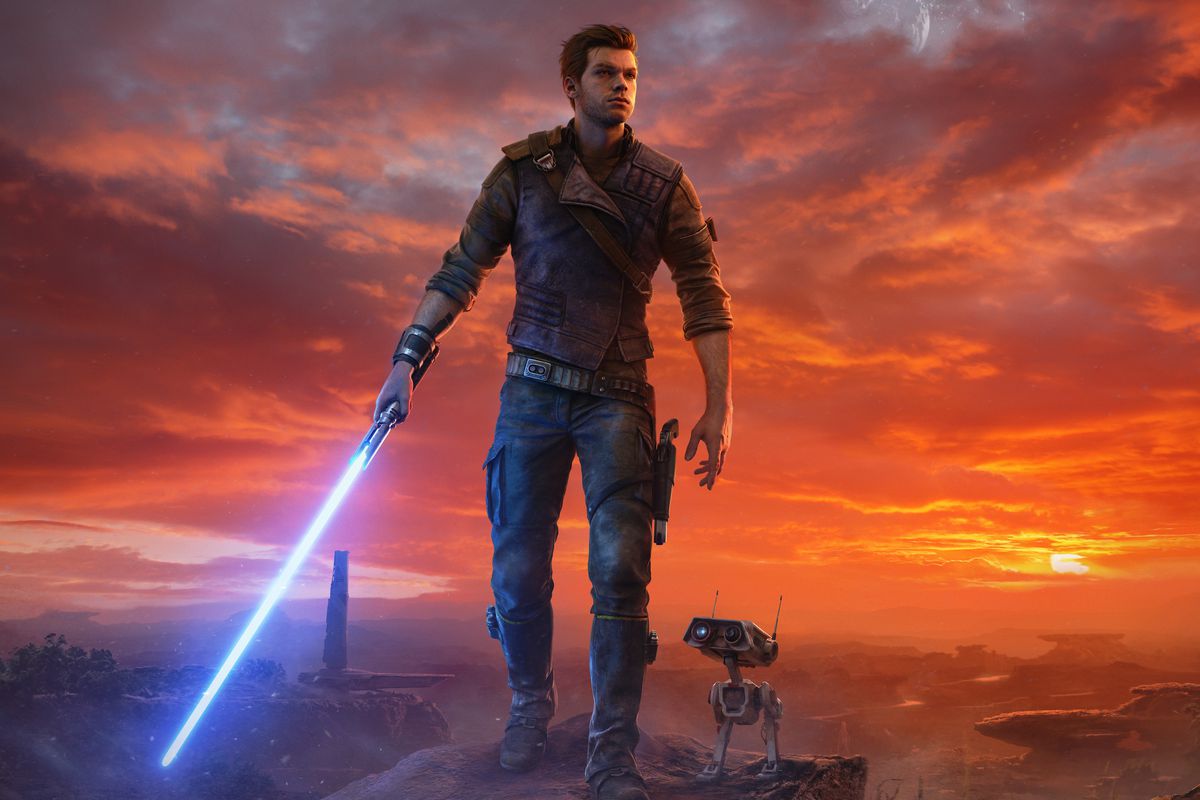 Cal Kestis stands with his lightsaber in his right hand, BD-1 at his left, in front of a sunset in artwork from Star Wars Jedi: Survivor