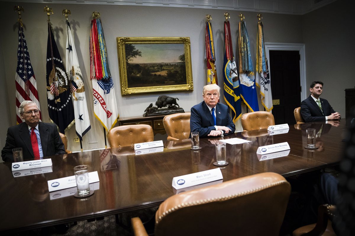  President Trump with House Speaker Paul Ryan and Senate Majority Leader Mitch McConnell during a meeting with Republican congressional leaders at the White House on November, 28, 2017. 